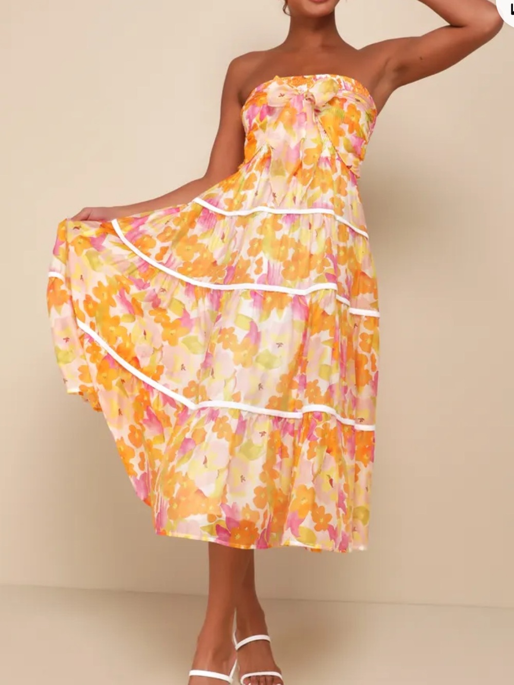 Lulu’s Sunlight Aura Orange Floral Strapless Tiered Midi Smocked Dress small